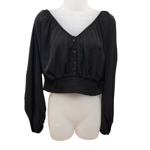 Gap Womens L Blouse Black Smocked Waist Long Balloon Sleeves Work Going Out New